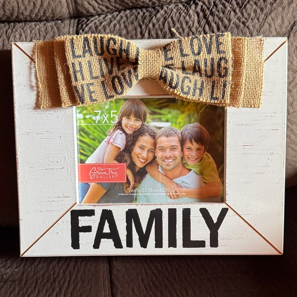 White Family Picture Frame with Burlap Bow